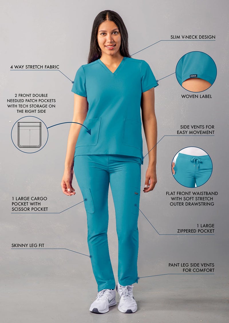 Adar Uniforms Adar Addition Scrubs Set for Women - Stretch V-Neck Scrub Top & Skinny Cargo Scrub Pants, 10 Pockets - A9200 - Teal Blue - L - Image 3